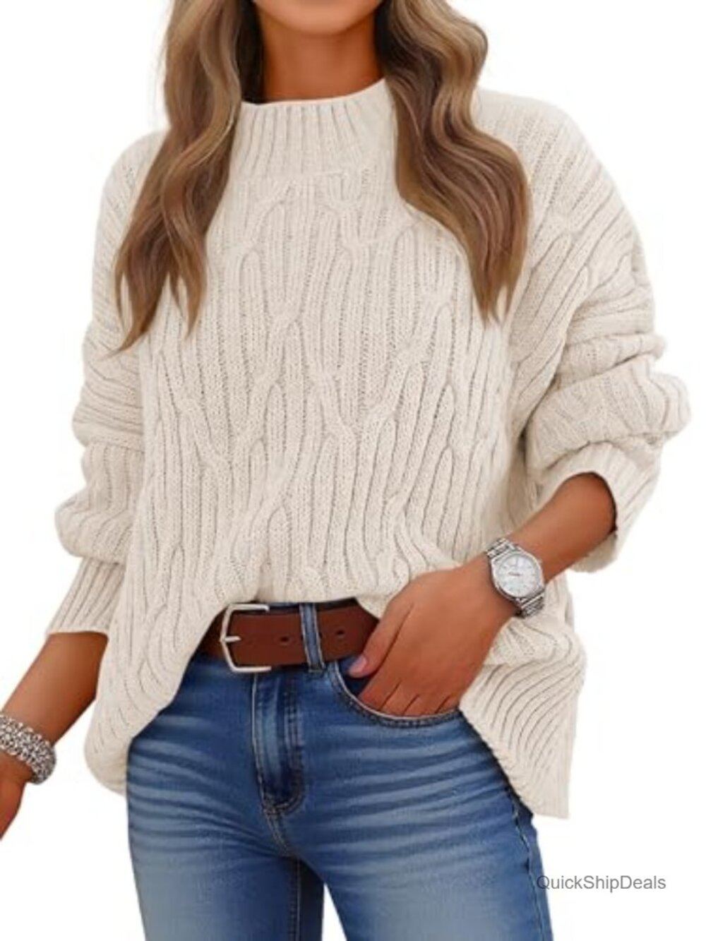 Women's Cable Knit Mock Neck Pullover Sweater Long Sleeve Winter Tunic